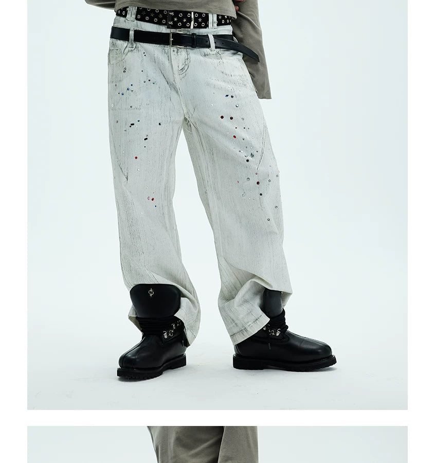 White Double Waistband Studded Straight Jeans