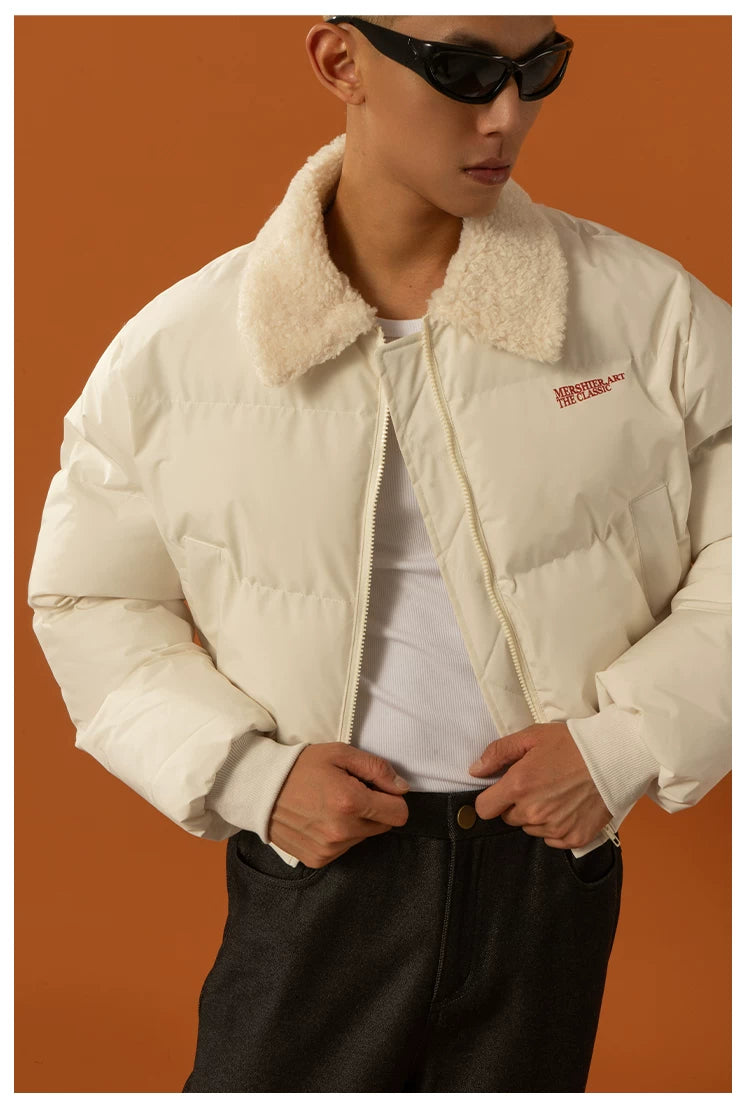 Cropped Collared Faux Shearling Puffer Coat