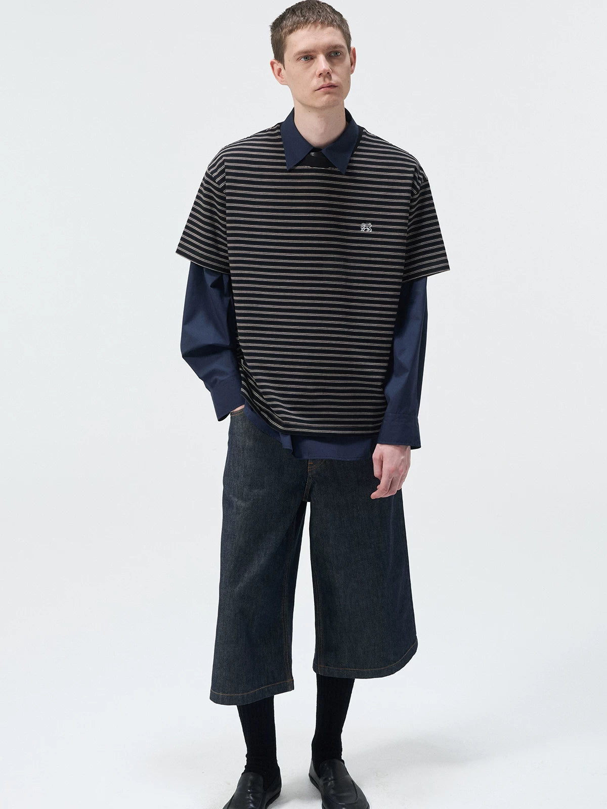Short Sleeve Striped Embroidered Cotton Tee