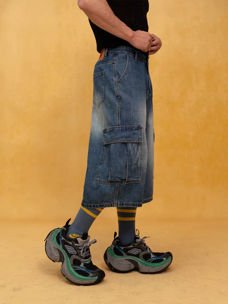 Men's Blue Relaxed Cargo Cropped Jeans