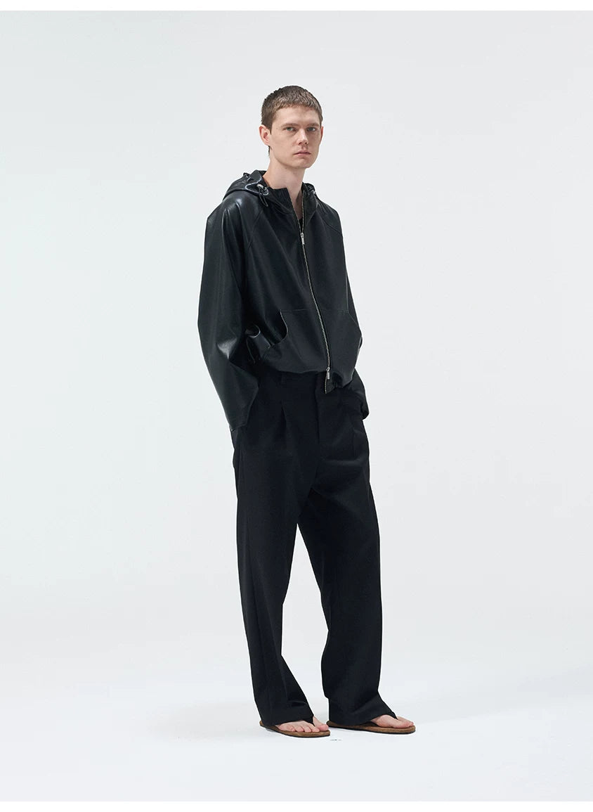 Cropped Lambskin PU Hooded Kangaroo Jacket