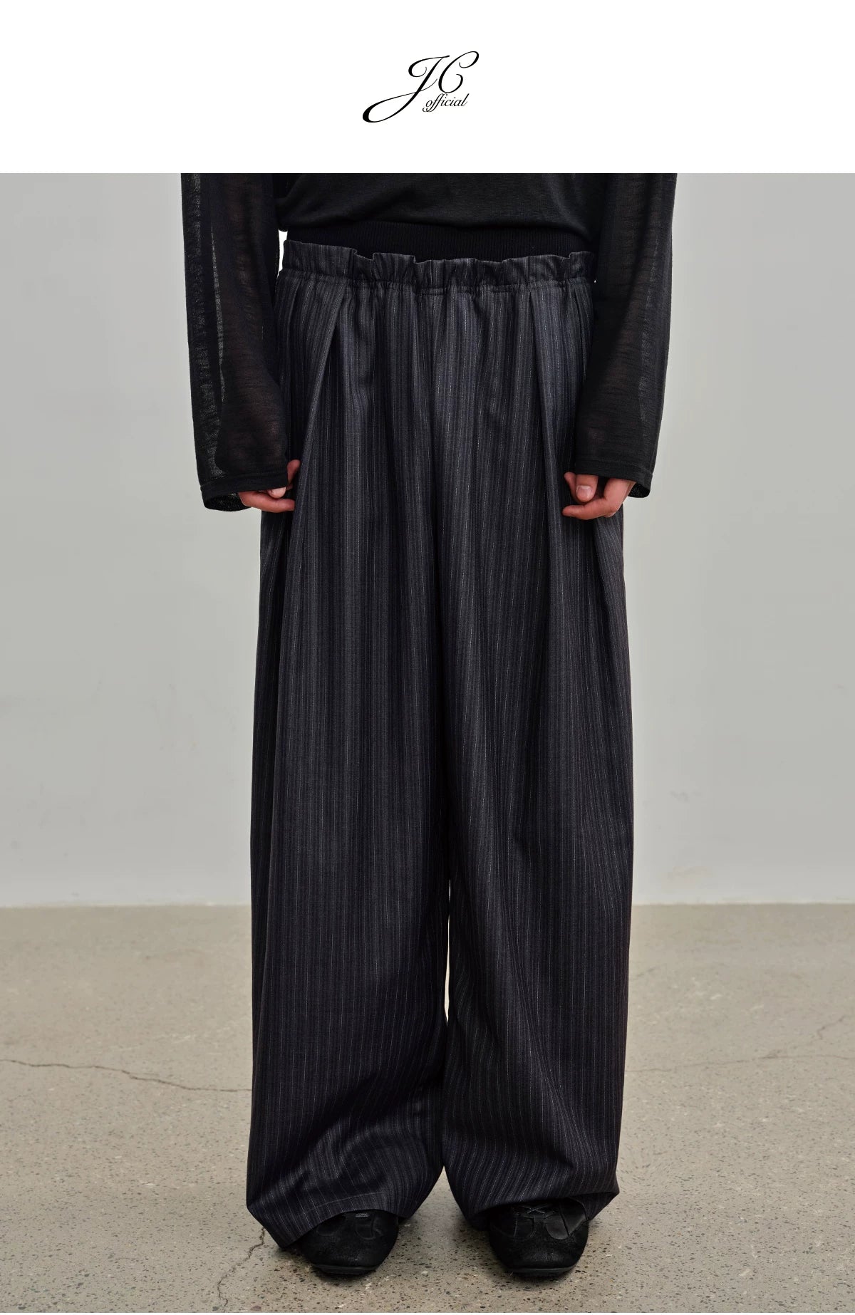 Ribbed Waist Striped Pleated Pants