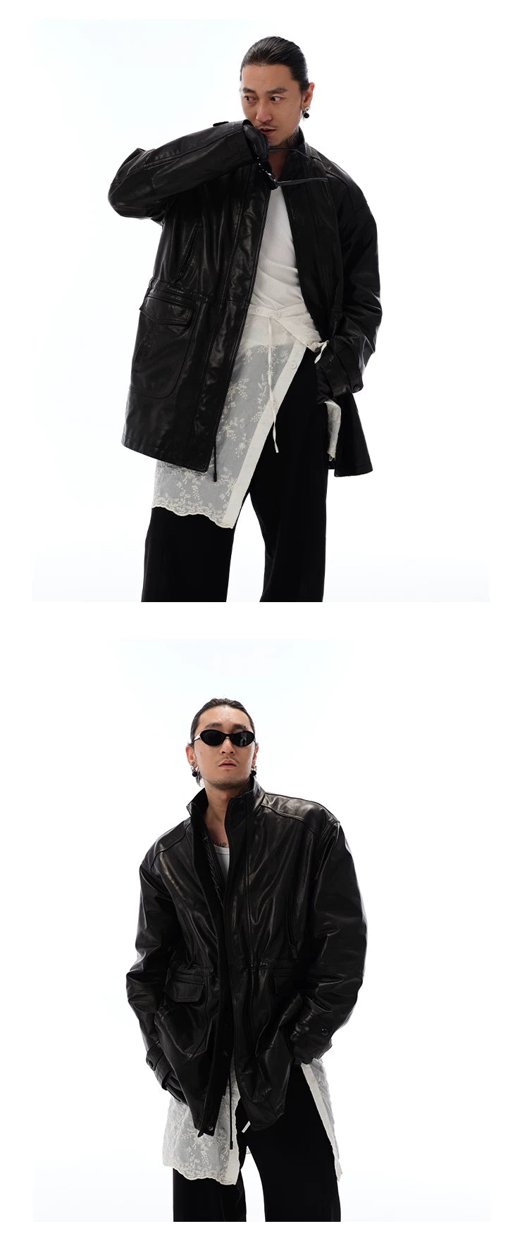Men's Waist-cinched Mid-length Goatskin Jacket