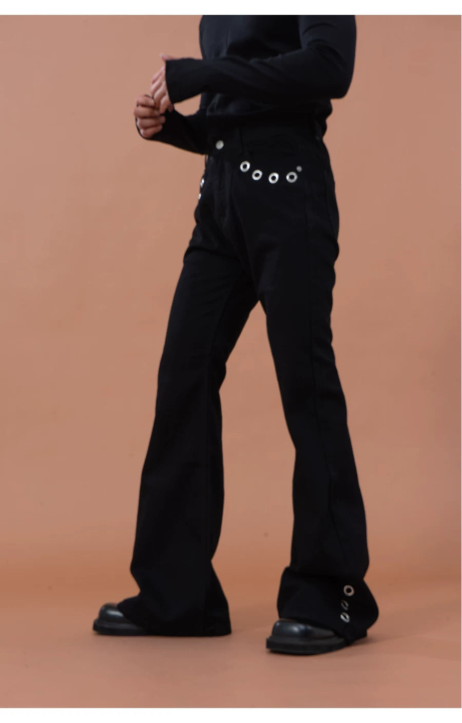 Men's Black Metal Ring Flare Jeans