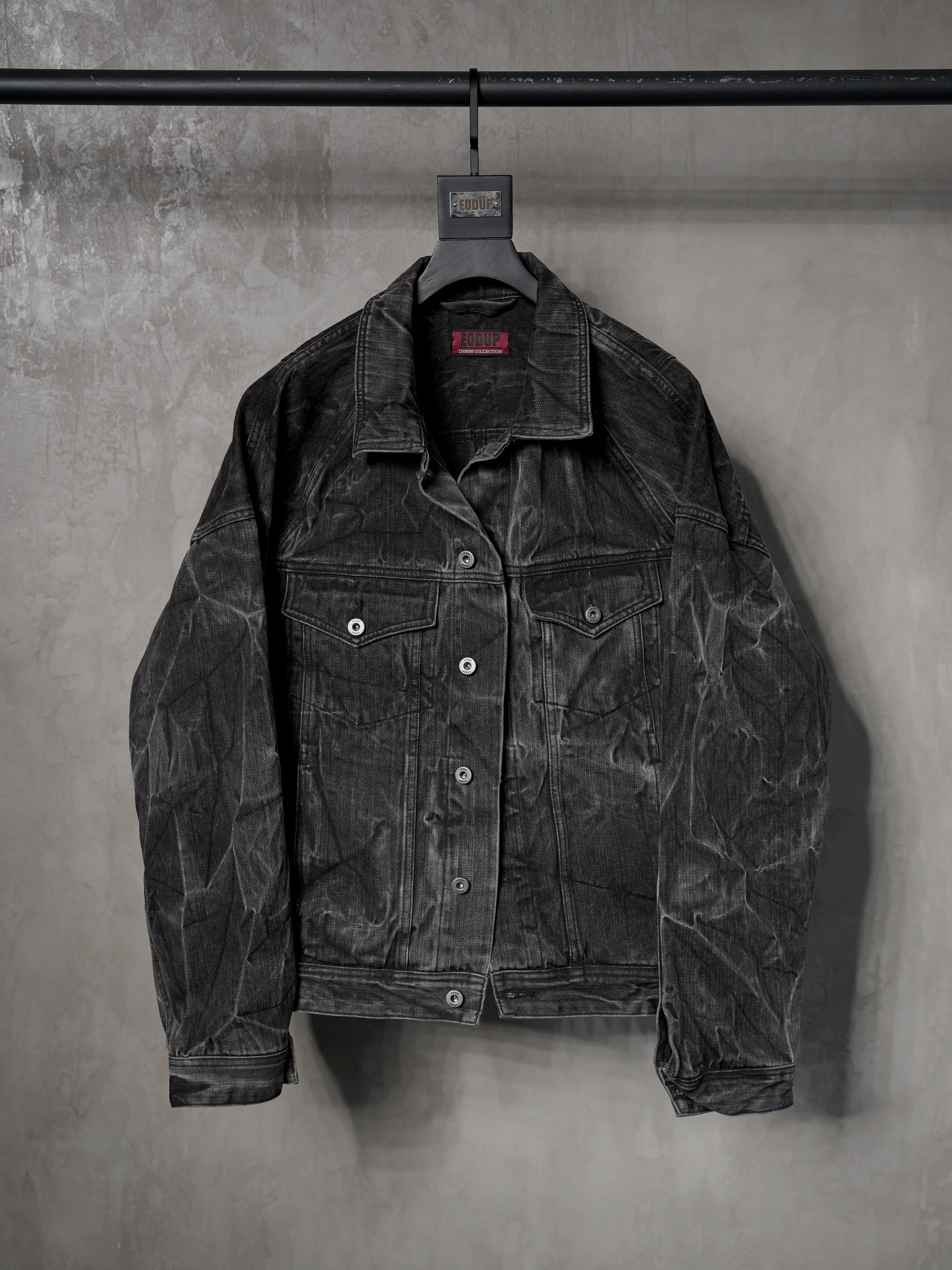 Washed Distressed Gray Raglan Denim Jacket