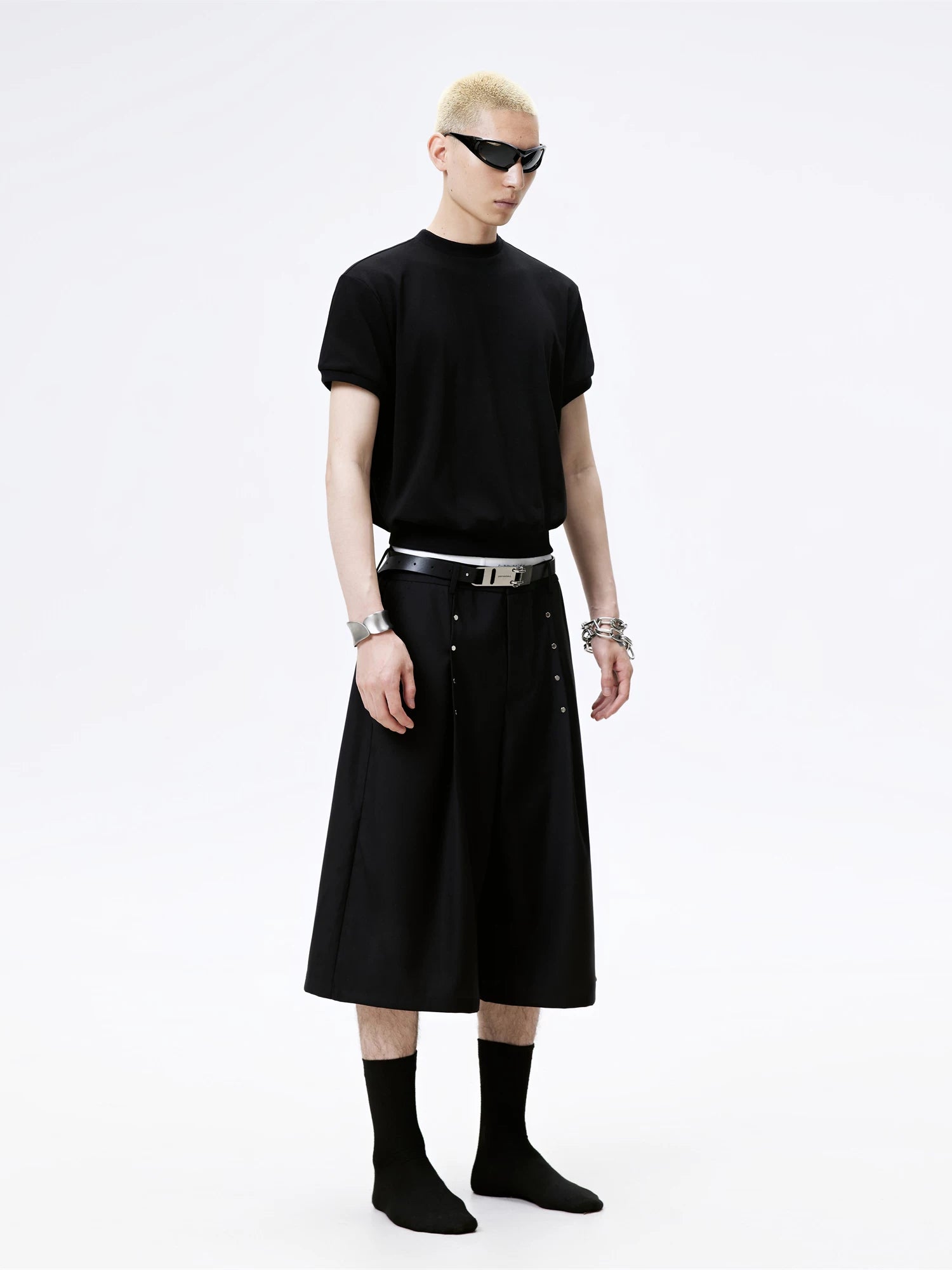 Metal Studded Pleated Wide Leg Shorts