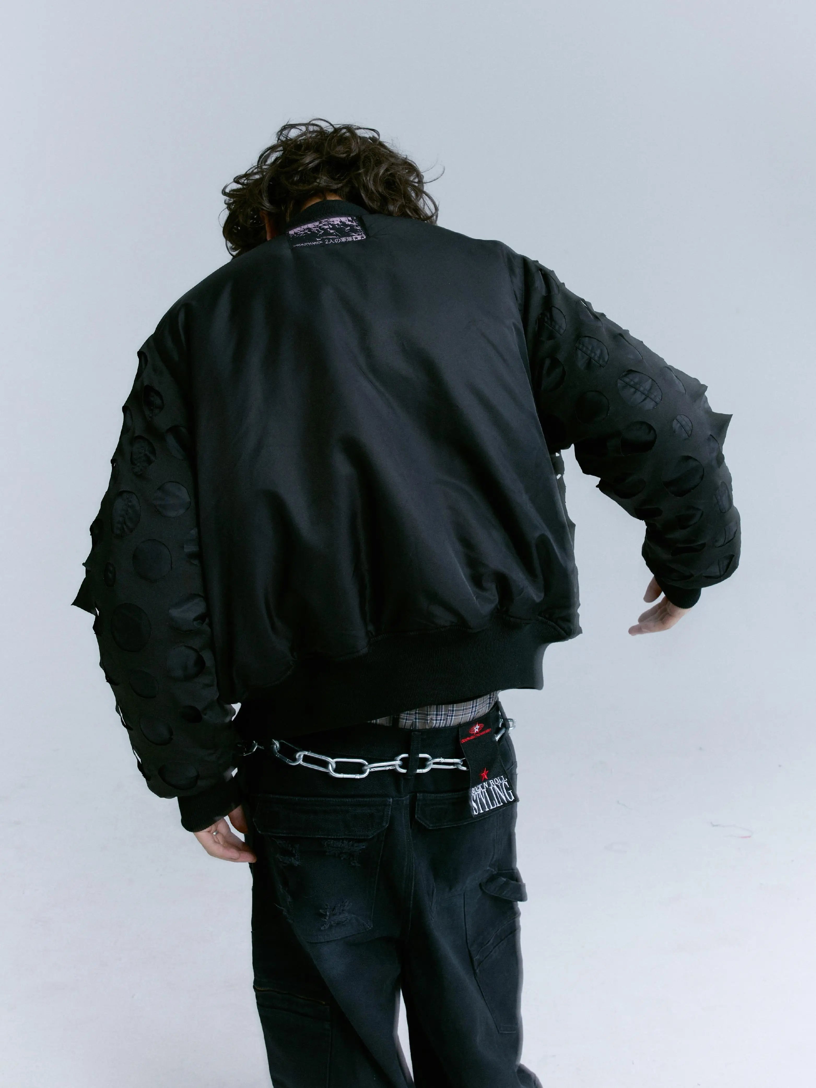 Cropped Black Distressed Puffer Bomber Jacket