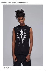 Stretchy Black Printed Ribbed Tank Top