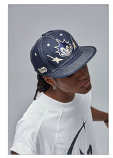 Embroidered Flat-Brim Denim Baseball Cap
