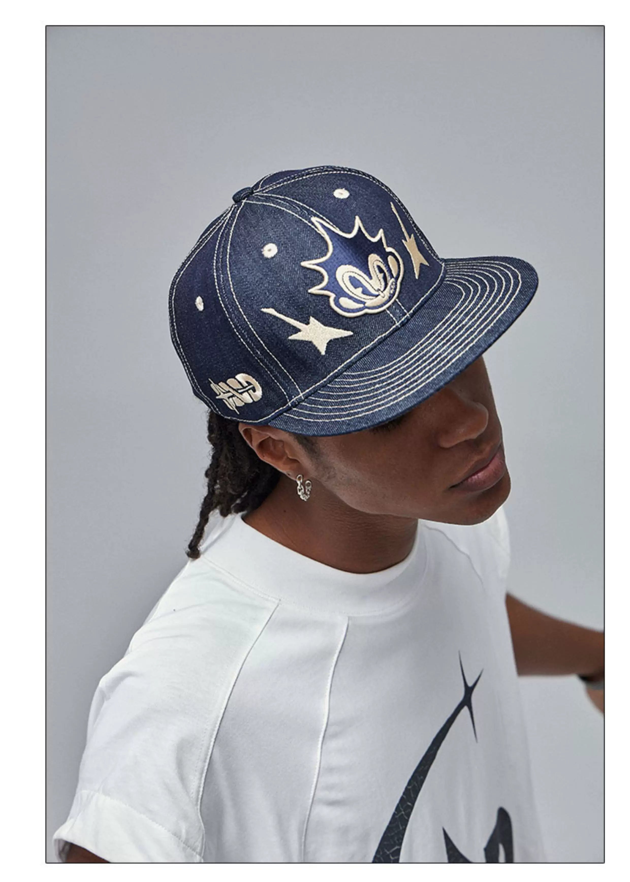 Embroidered Flat-Brim Denim Baseball Cap