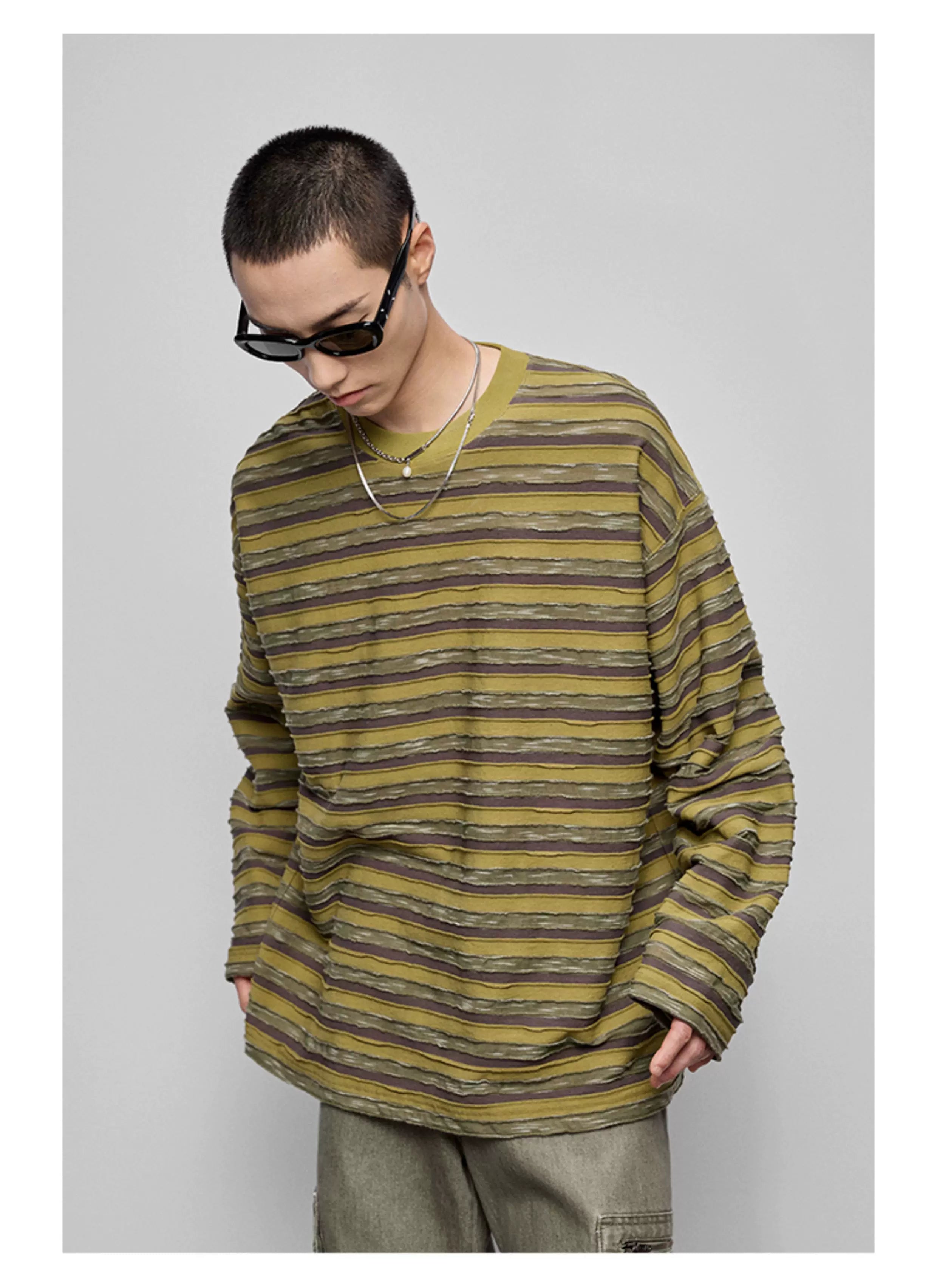 Striped Raw Edge Long Sleeve Tee