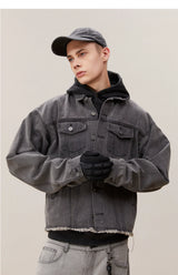 Men's Washed Frayed Collared Denim Jacket