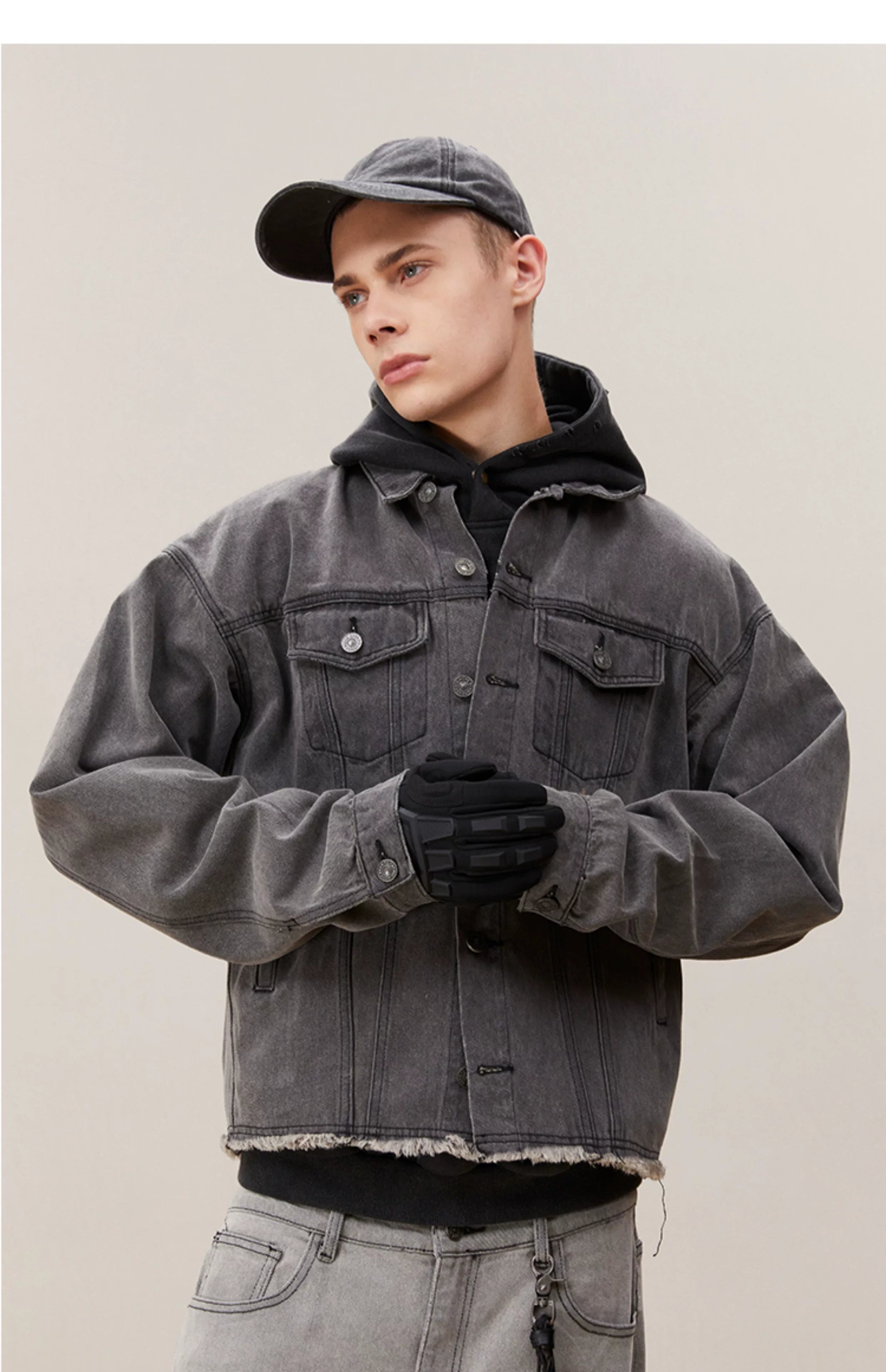 Men's Washed Frayed Collared Denim Jacket