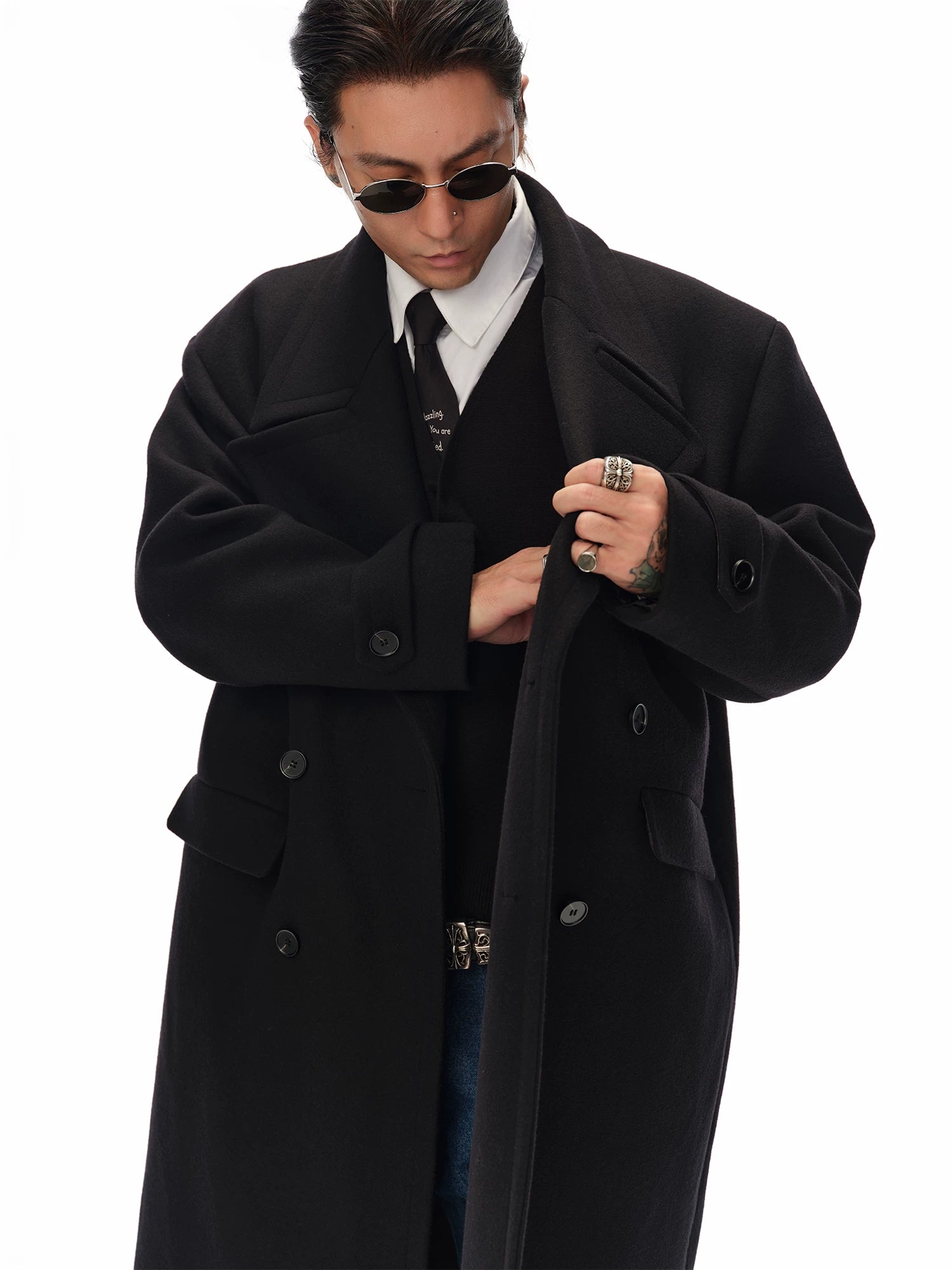 Men's Long Black Double-breasted Wool Coat