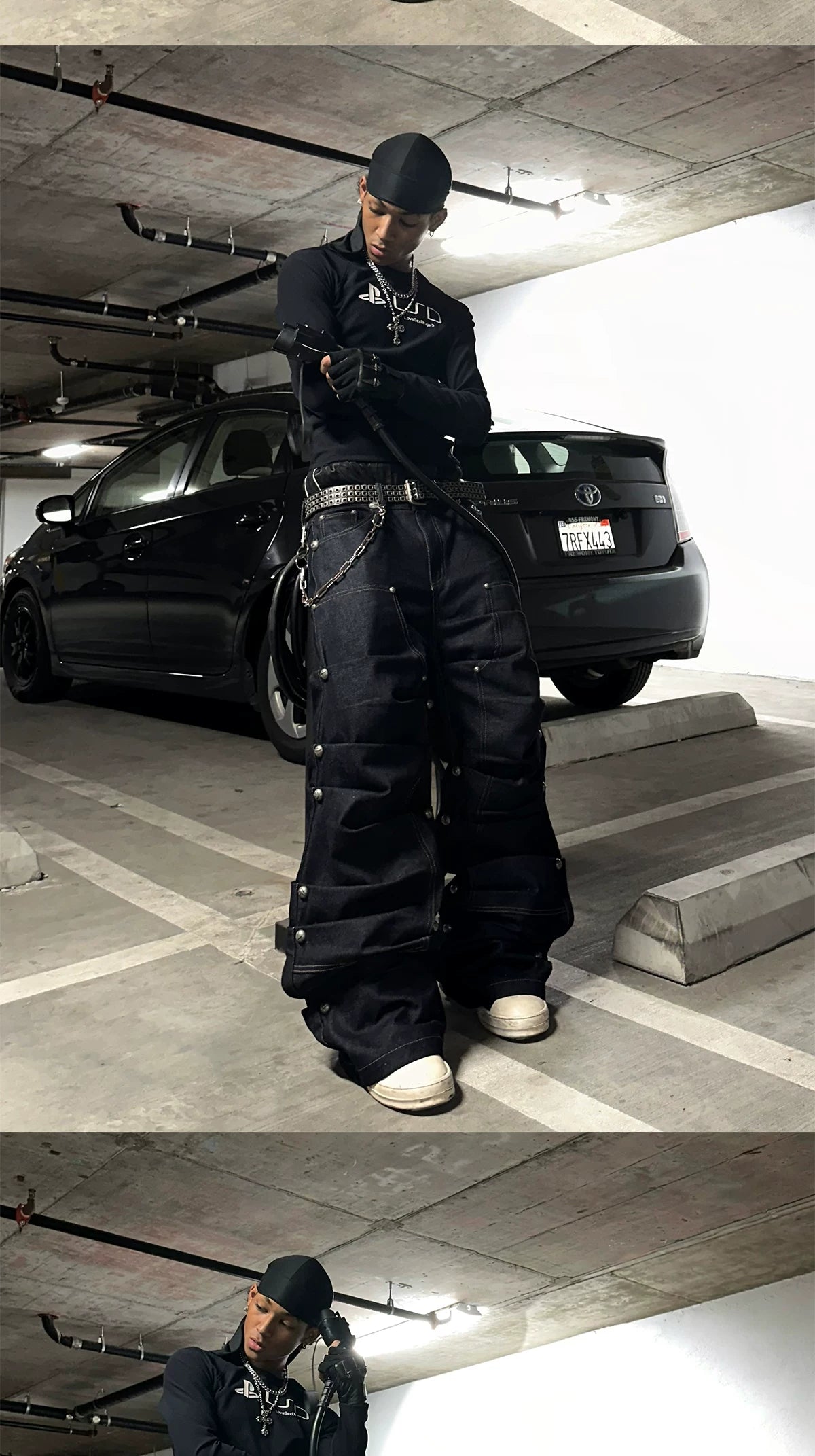 Studded Pleated Raw Lumberjack Denim Jeans