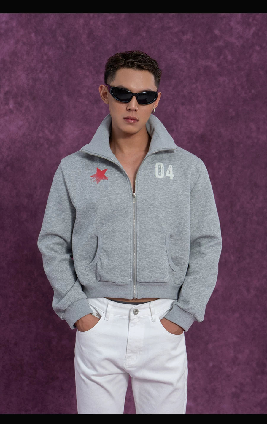 Gray Black Digital Print Zip Jacket