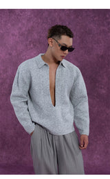 Long Charcoal V Neck Wool Sweater
