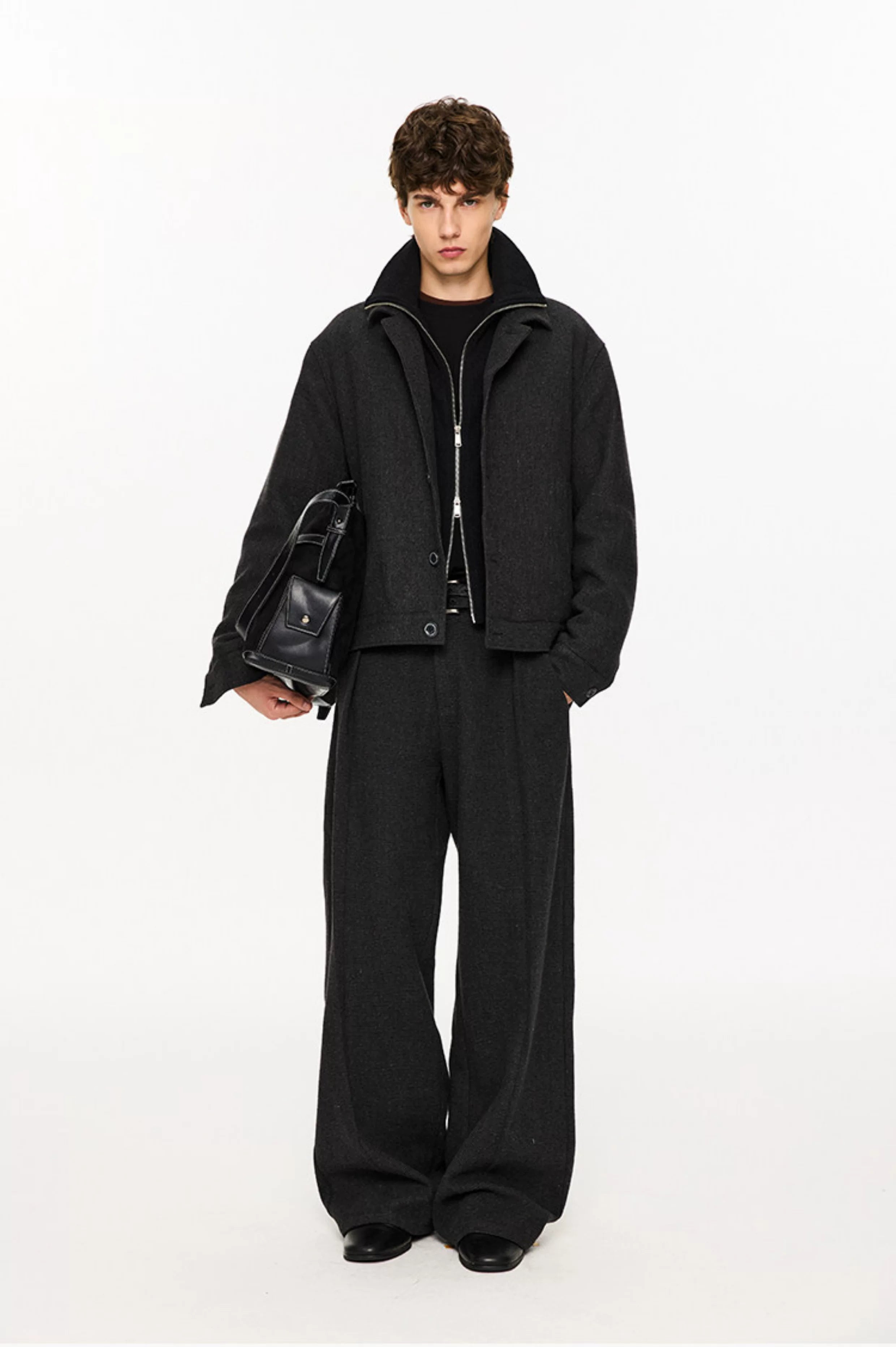 Wide Leg Pleated Wool Houndstooth Pants