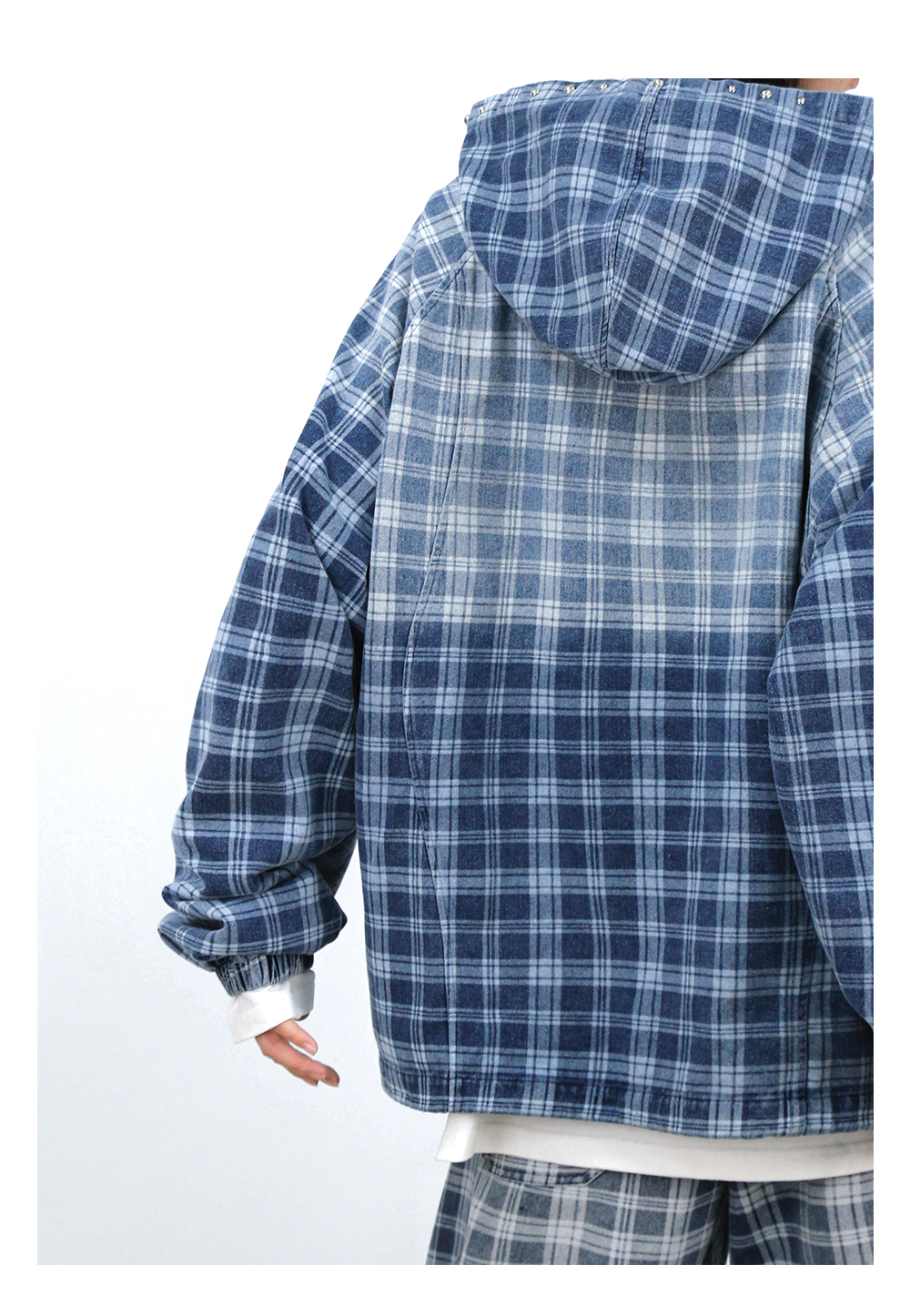 Gradient-Washed Plaid Stud Print Denim Hoodie