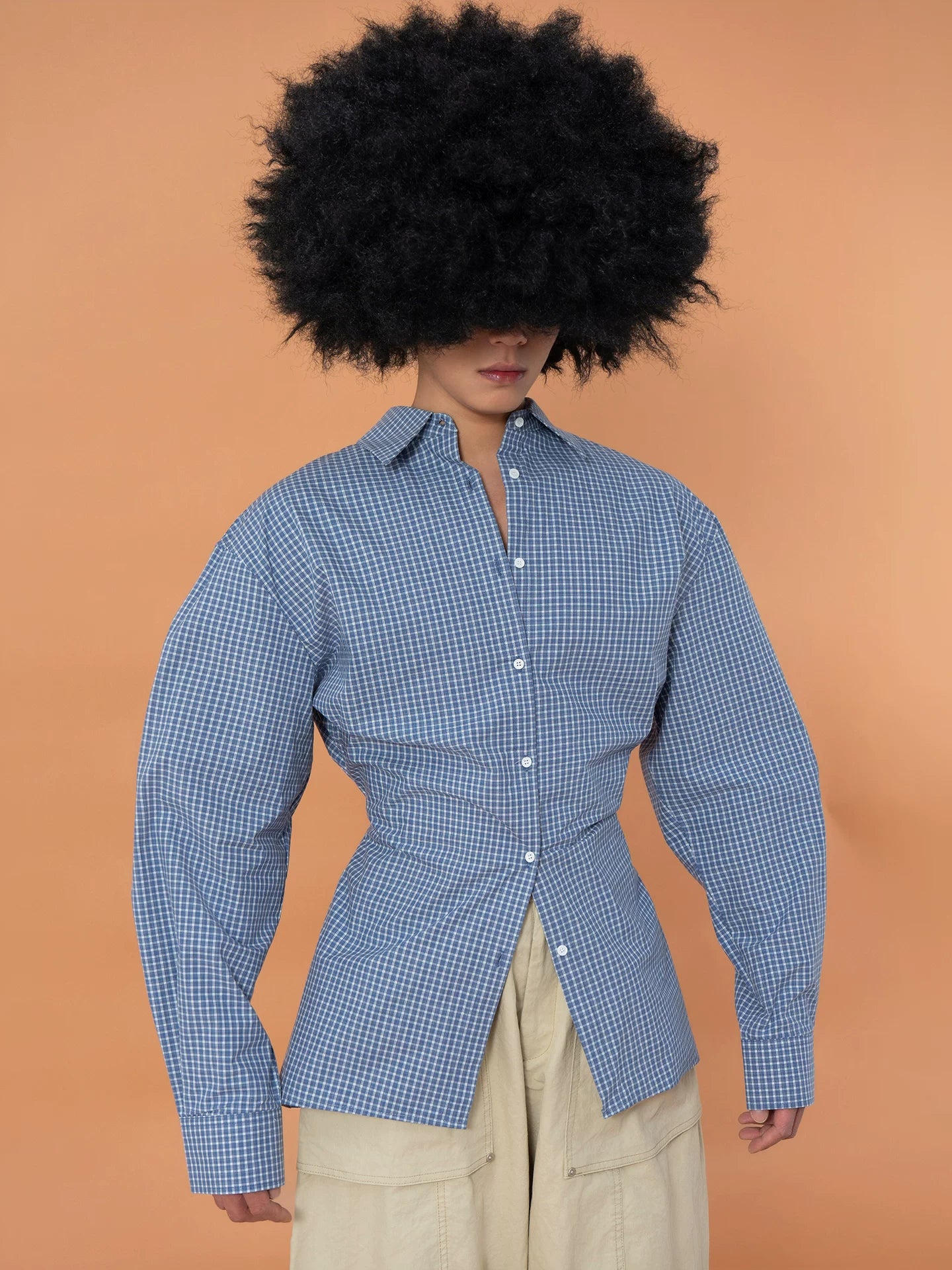Unisex Fitted Blue Plaid Long-sleeve Shirt