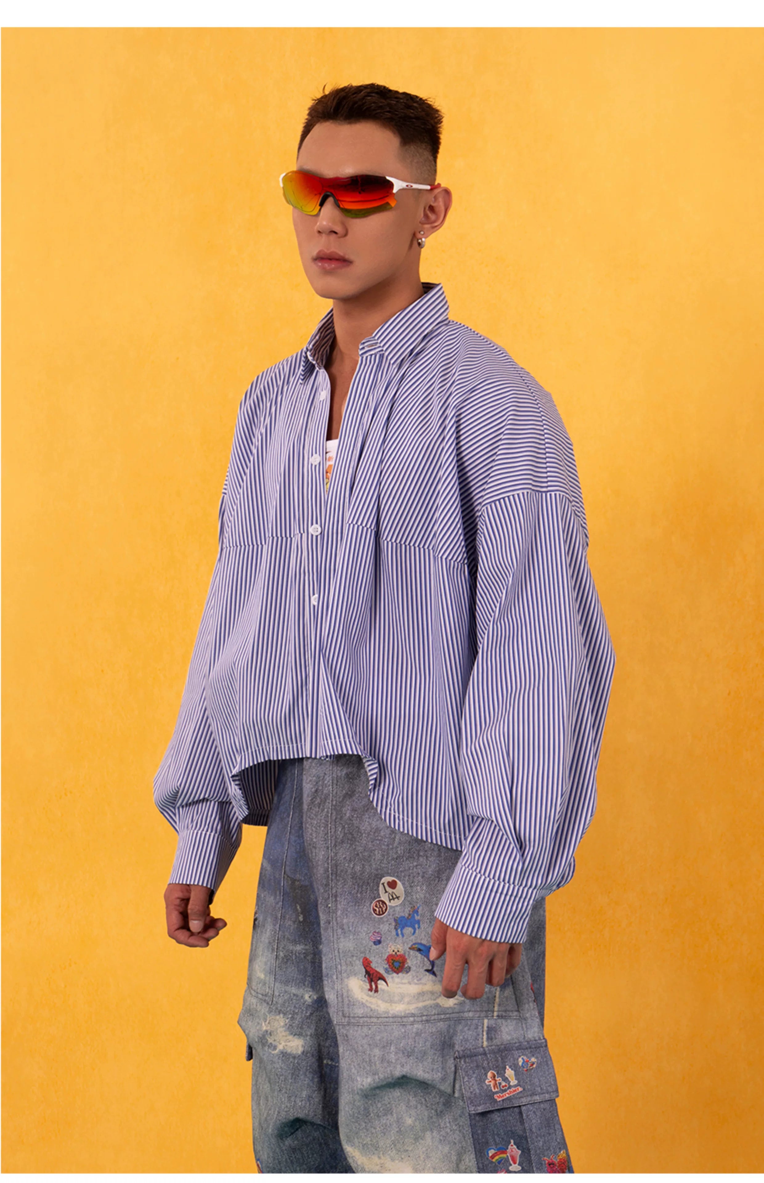 Black White Blue Striped Cropped Shirts