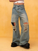 Men's Blue Distressed Wide Leg Jeans