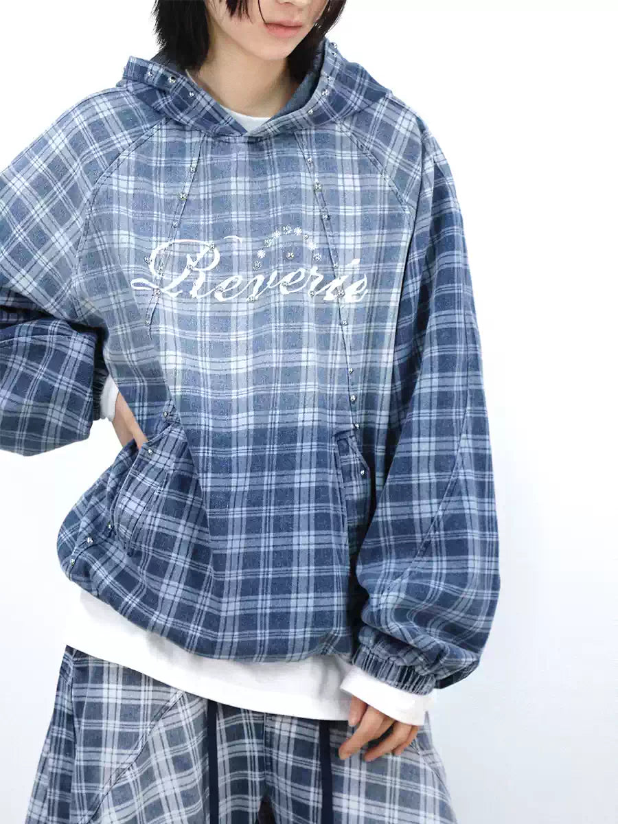 Gradient-Washed Plaid Stud Print Denim Hoodie