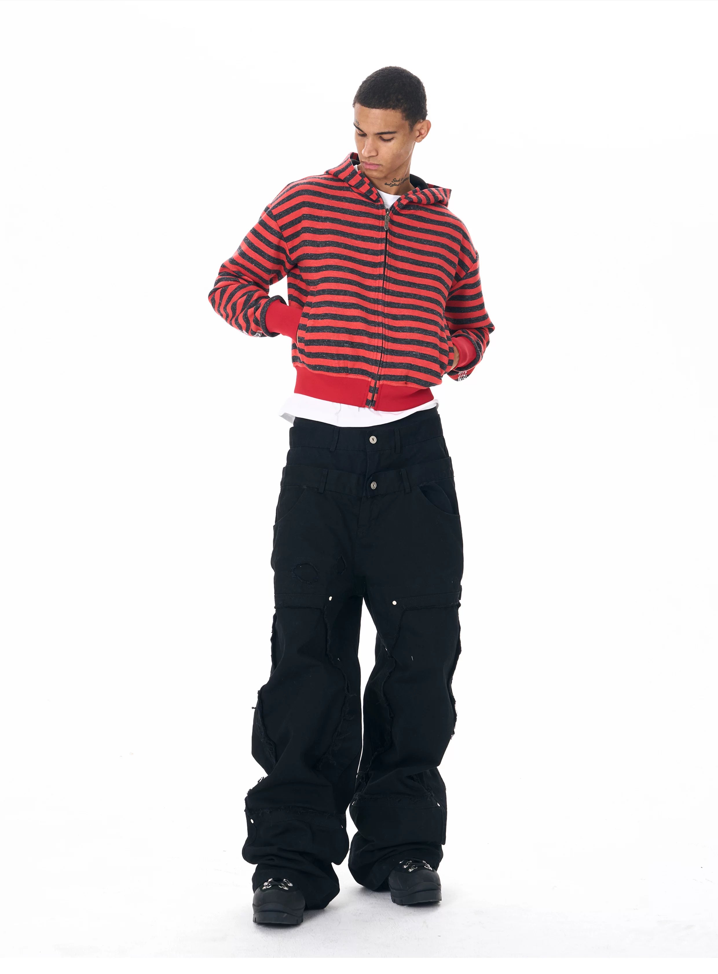 Men's Crop Motor Embroidered Striped Hoodie