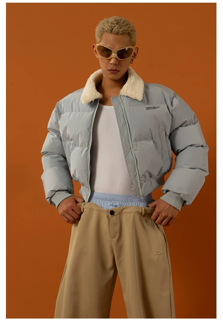 Cropped Collared Faux Shearling Puffer Coat