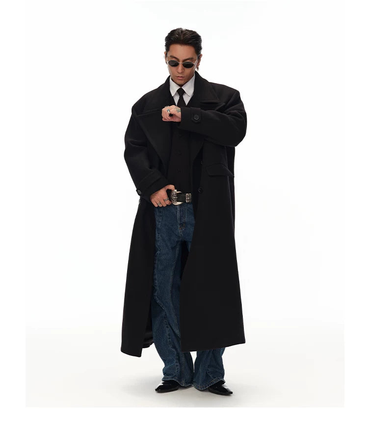 Men's Long Black Double-breasted Wool Coat