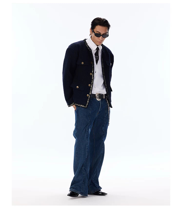 Wool Blend Navy Blue Tweed Coat