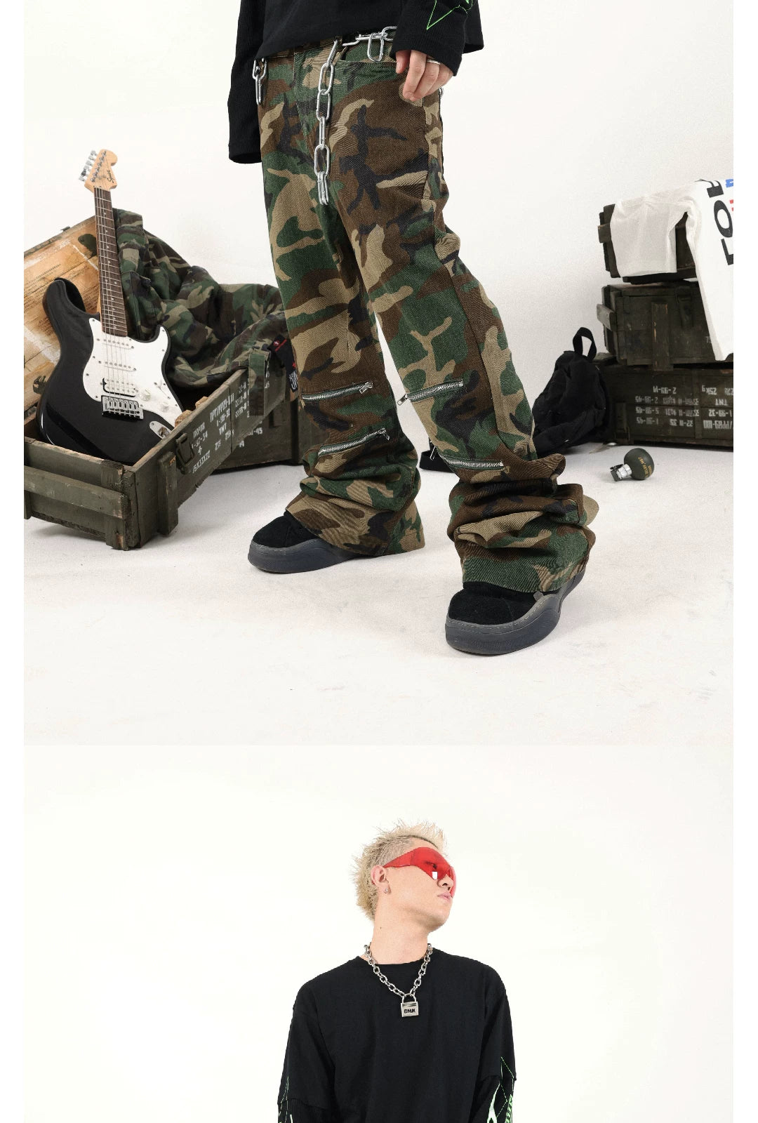Olive Camouflage Flared Zippered Denim Jeans