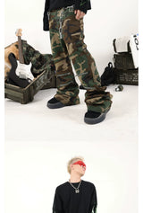 Olive Camouflage Flared Zippered Denim Jeans