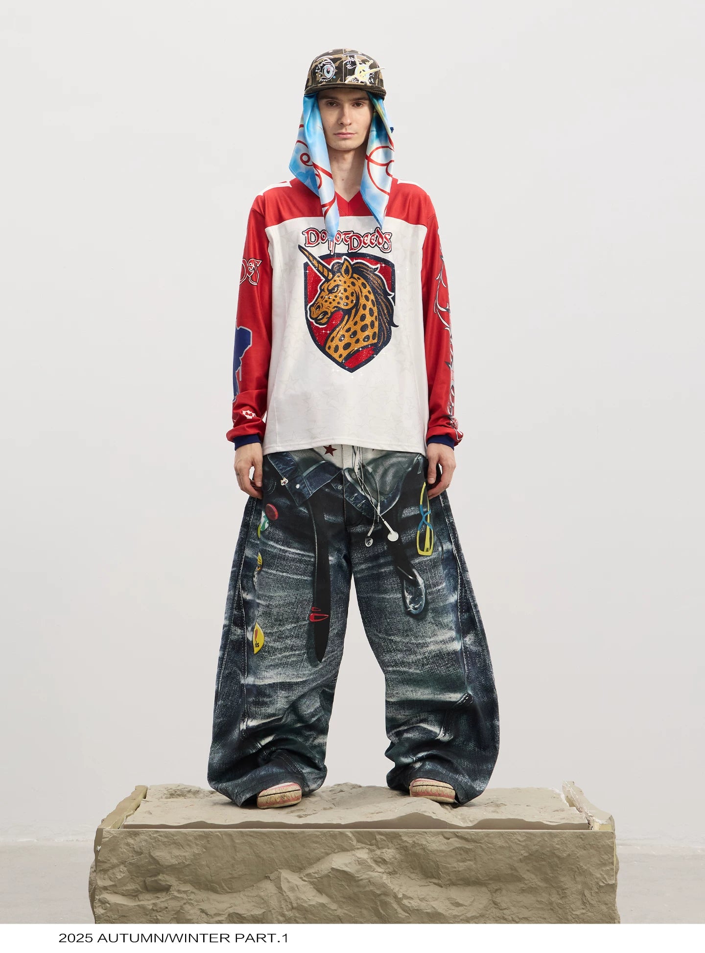 Double Waistband 3D Printed Baggy Jeans