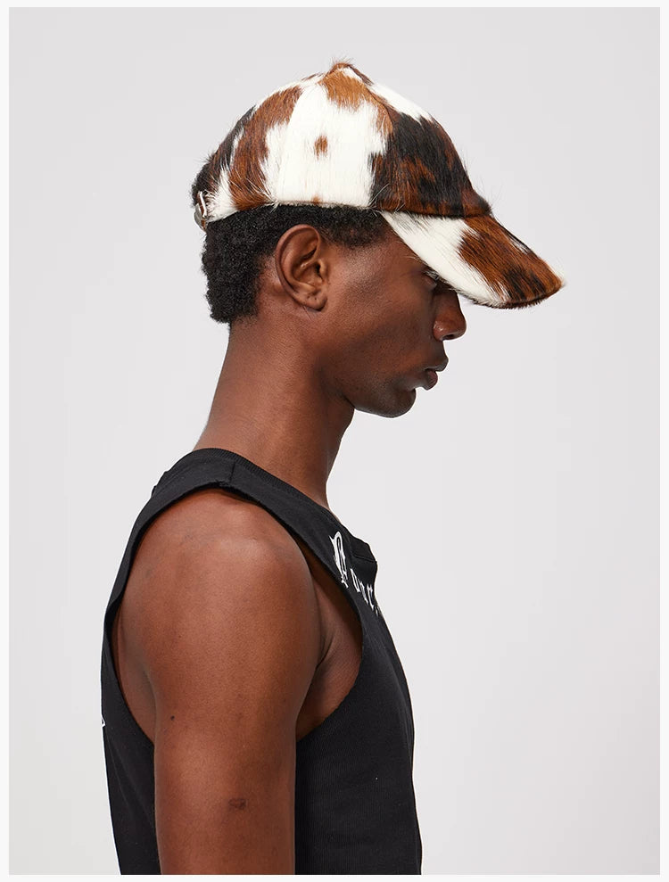 Cow Print Leather Fur Sun Cap