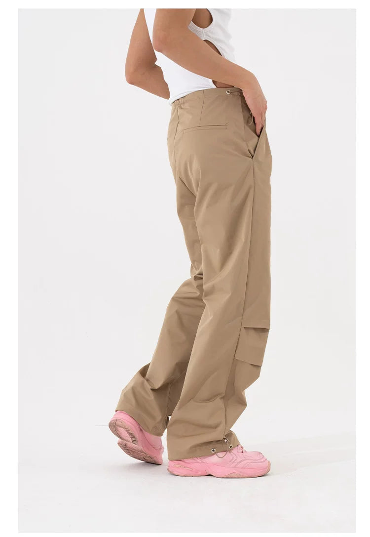 Black Khaki Drawstring Wide Leg Pants
