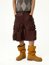 Men's Black Red PU Cargo Shorts