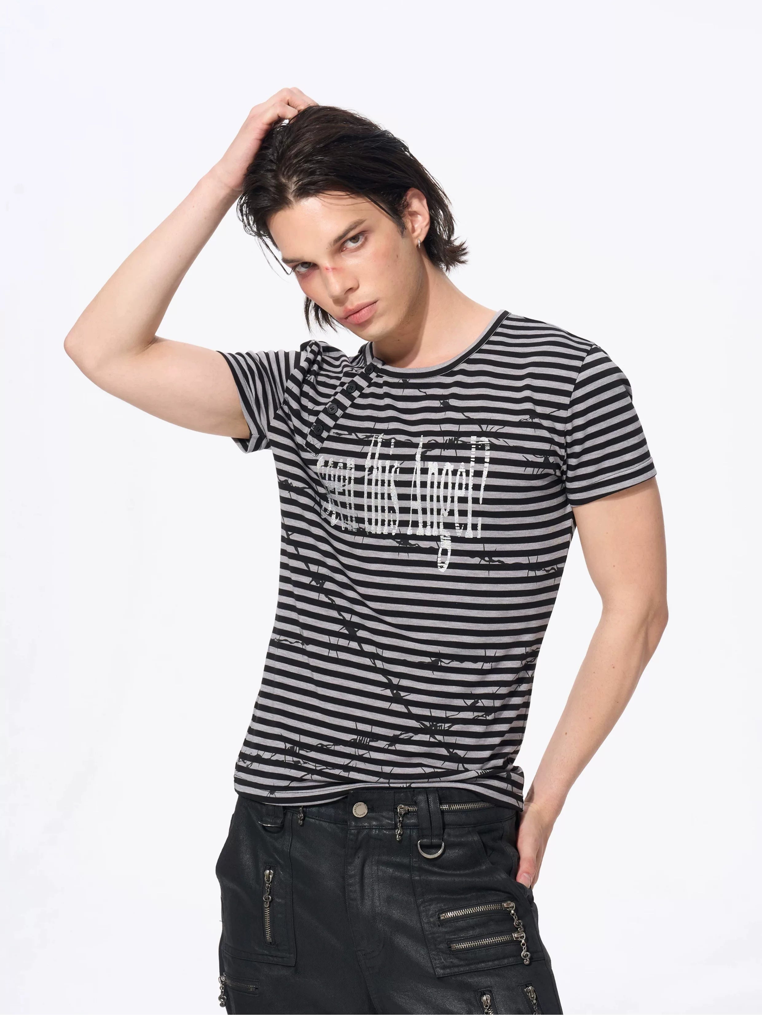 Slim Fit Letter Print Striped Tees