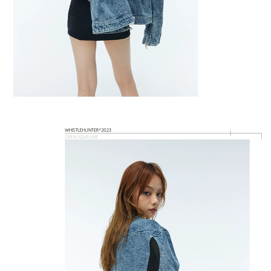 Vintage Washed Two-Tone Mesh Denim Jacket
