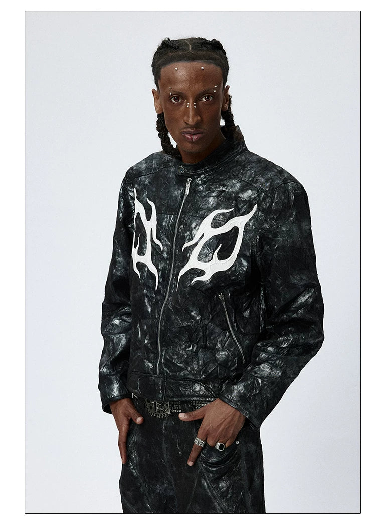 American Printed Pleated Leather Biker Jacket