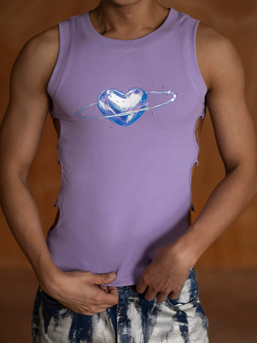 Purple Heart Rhinestone Cutout Tank Top
