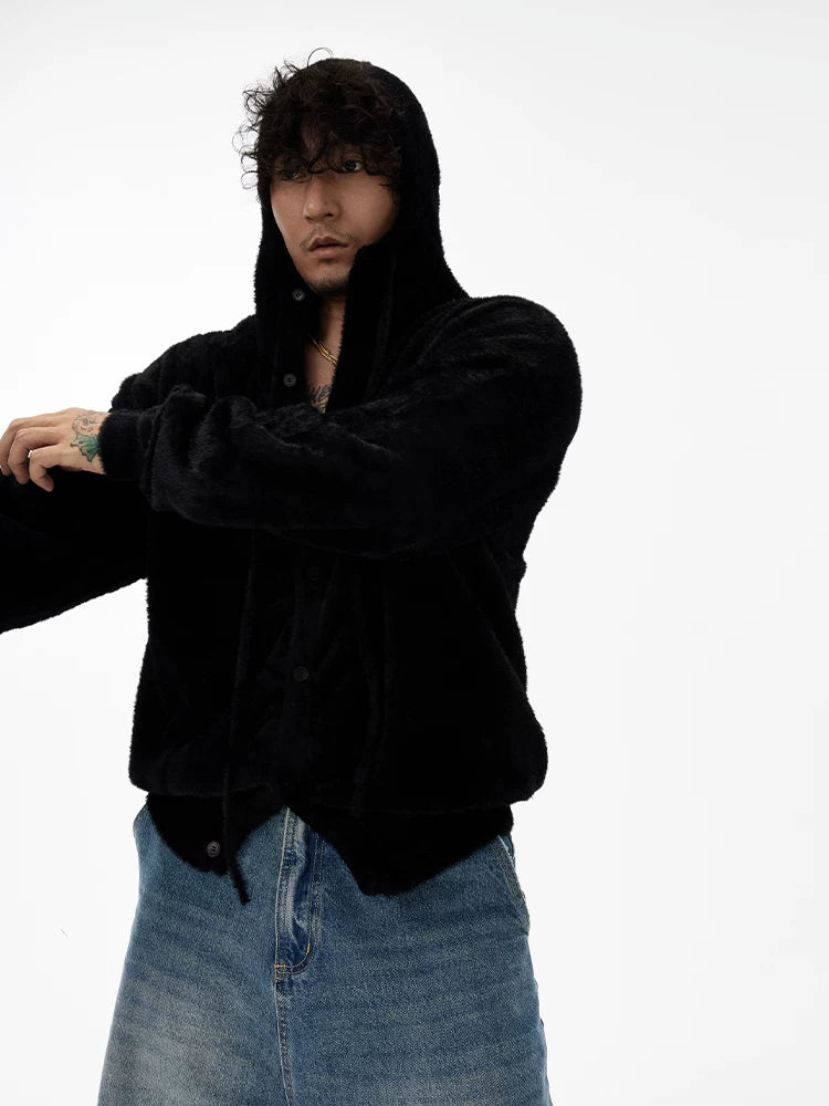 Black Hooded Faux Mink Knit Cardigan