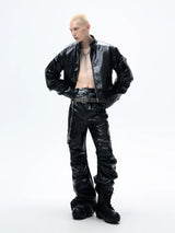 Black Loose Ruched Flare Leather Pants