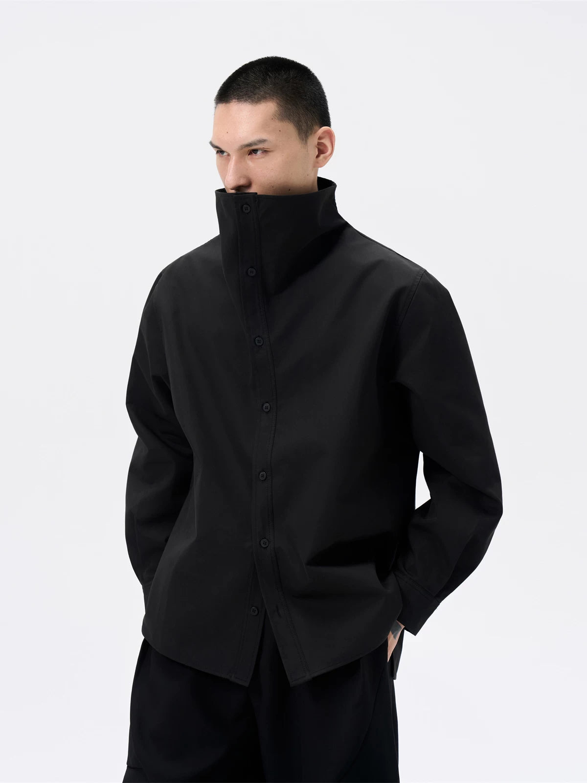 Black Oversized Stand Collar Shirt Jacket