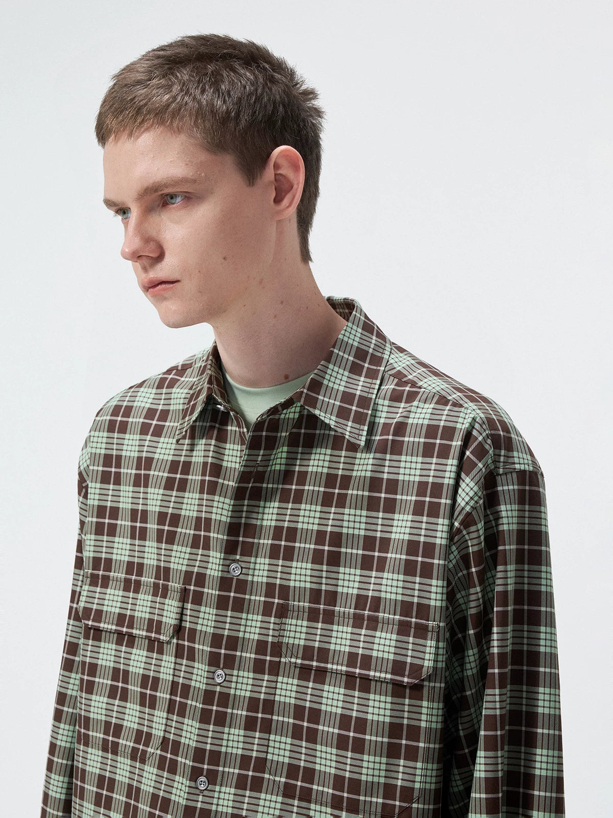 Short Color Block Plaid Cargo Shirt