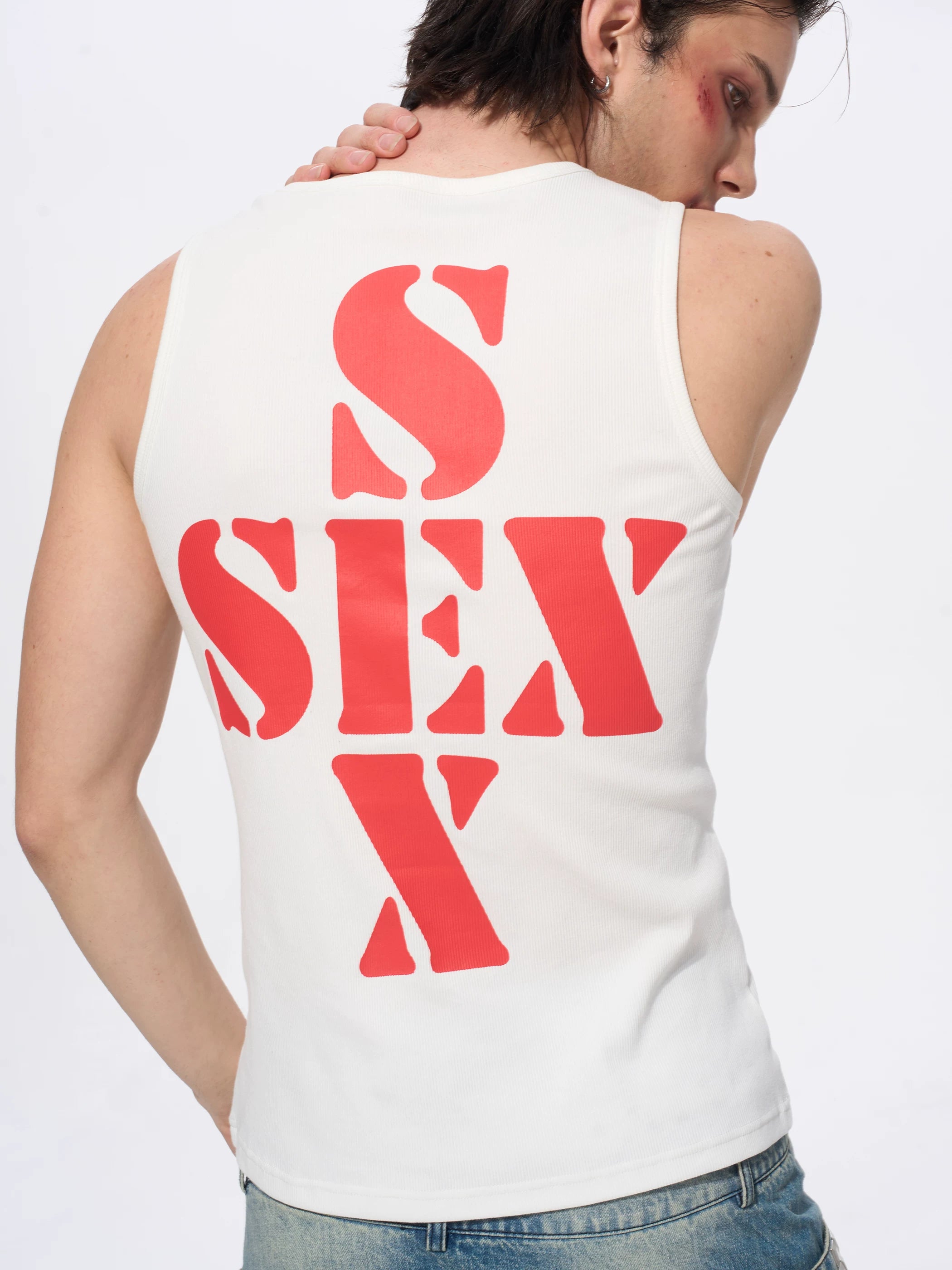White Cotton Letter Print Sleeveless Tank Top