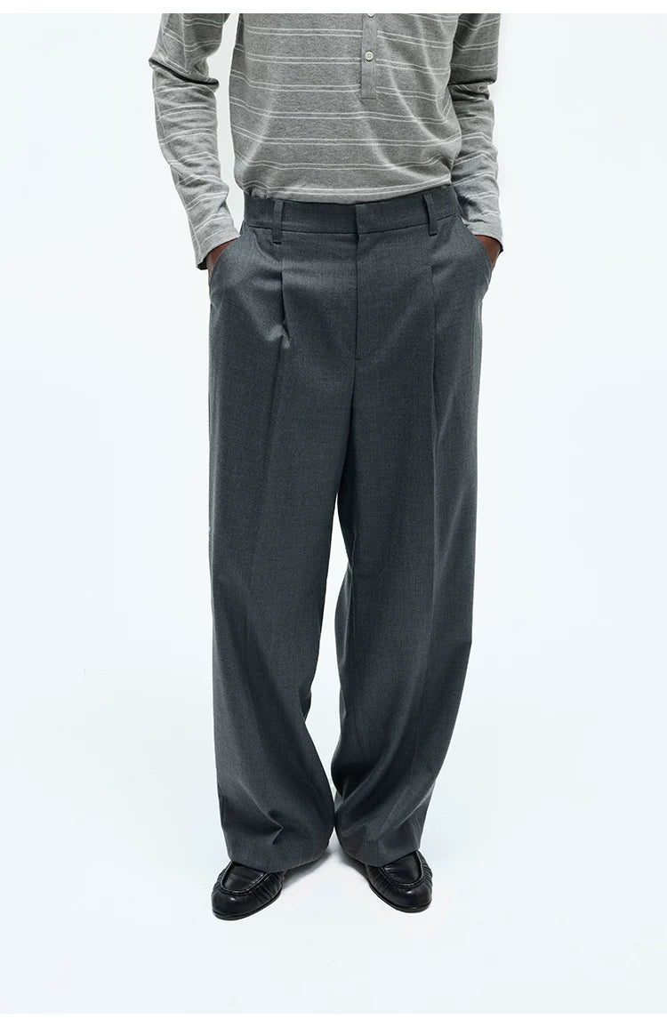 Merino Wool Casual Pleated Straight Pants