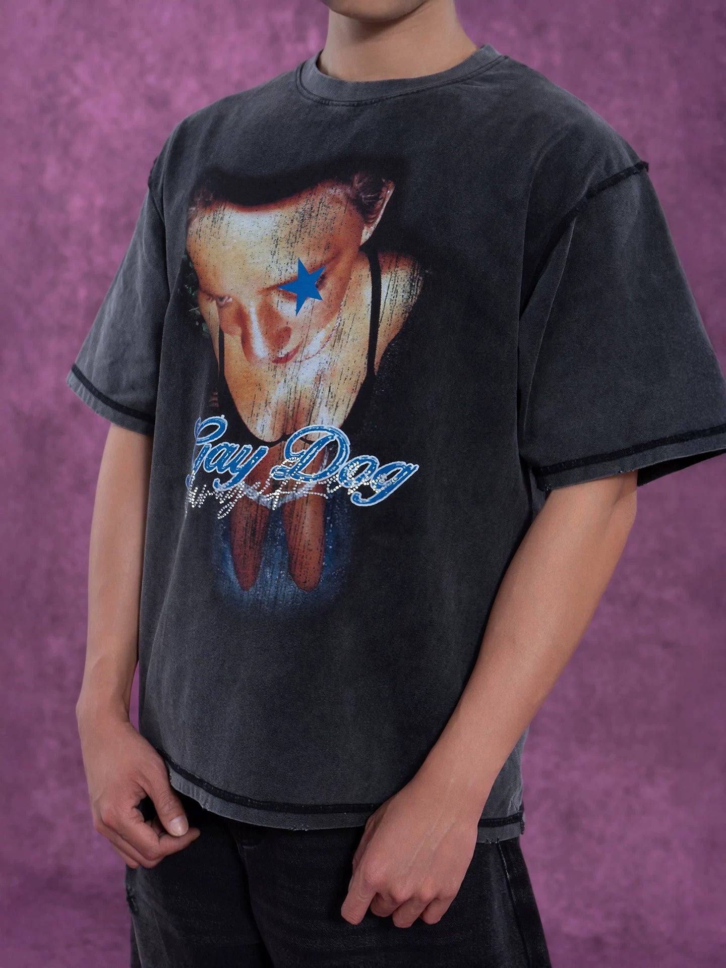 Gray Distressed Rhinestone Print Men's Tee