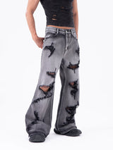 Men's Ripped Baggy Straight Charcoal Jeans