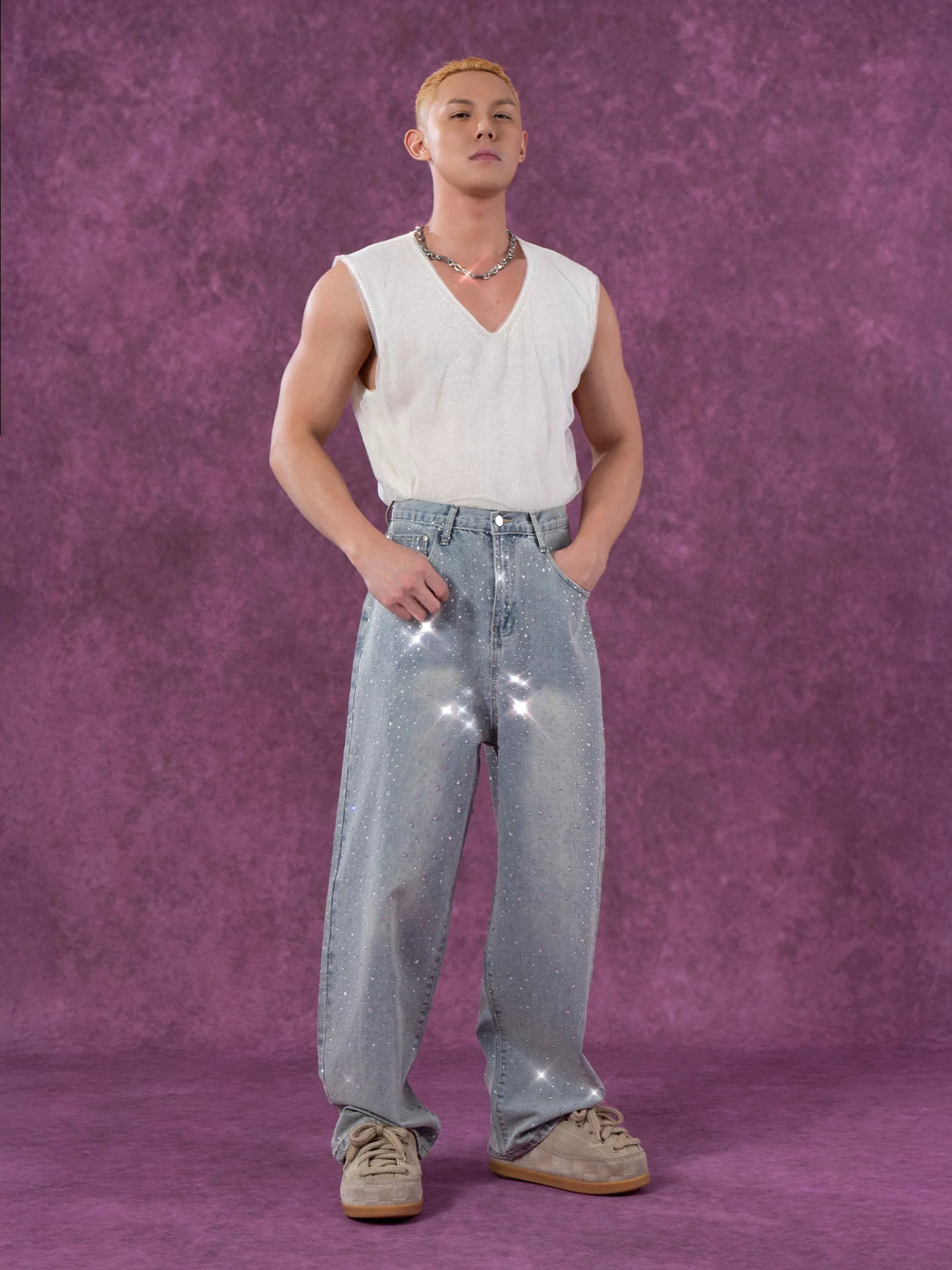 Men's Light Blue Sequined Baggy Jeans